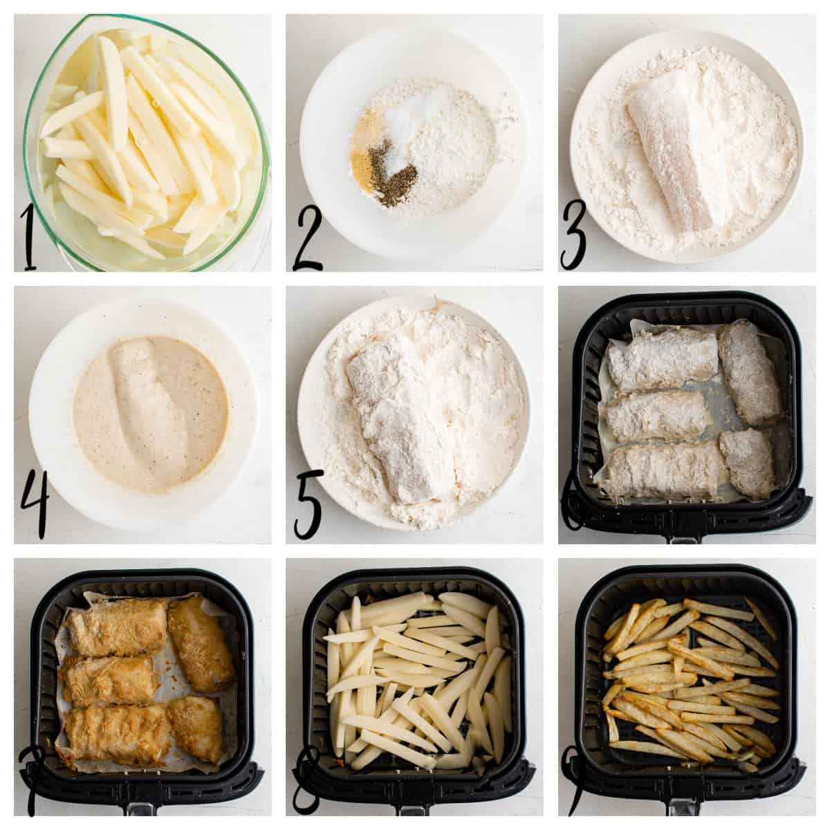 step by step collage for making fish and chips in the air fryer.