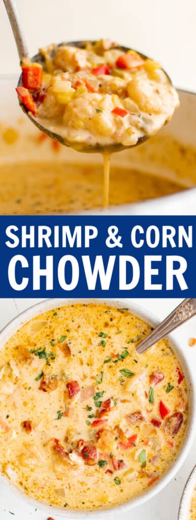a ladle holding shrimp and corn chowder