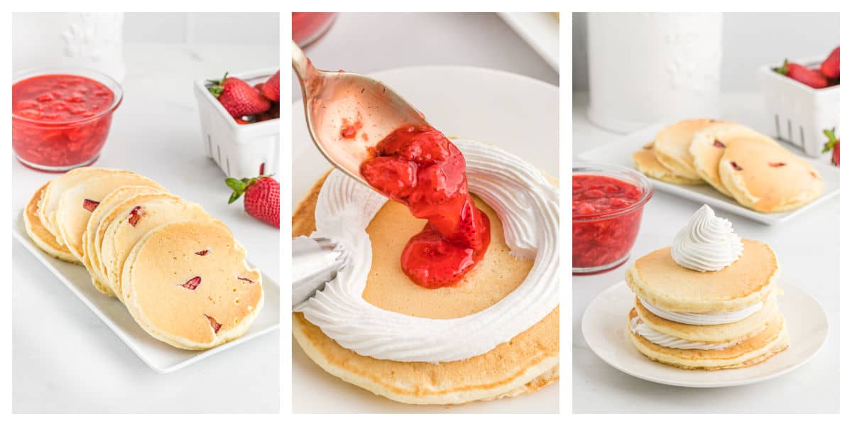 step by step photos for assembling strawberry shortcake pancakes