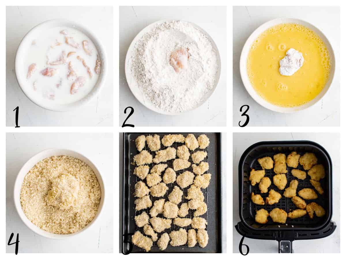 step by step collage for making popcorn chicken in the air fryer.