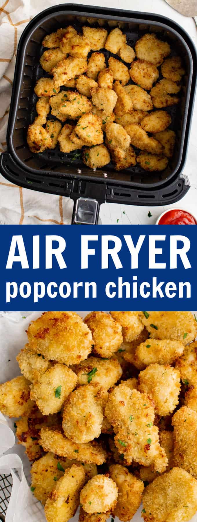an air fryer basket full of air fryer popcorn chicken pieces.