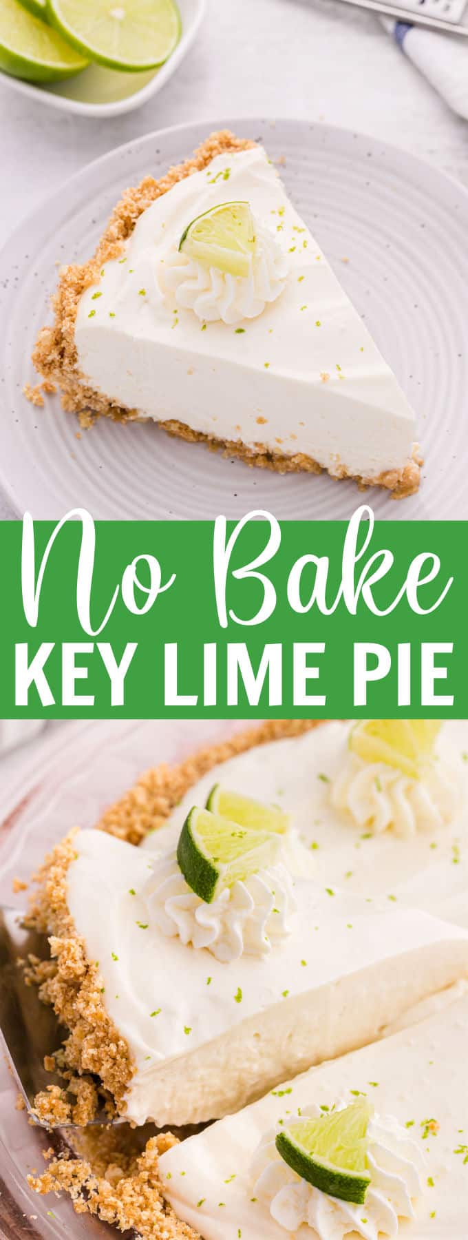 a slice of pie on a white plate topped with whipped cream and limes.