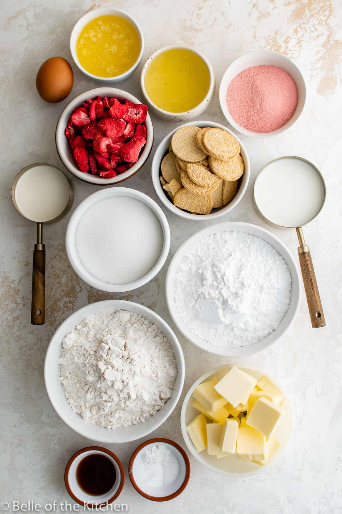 ingredients in bowls on a counter top.