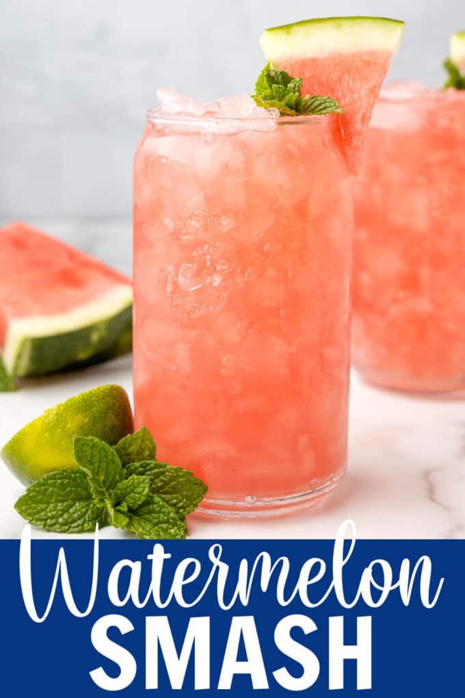 a glass filled with ice, vodka, and watermelon.