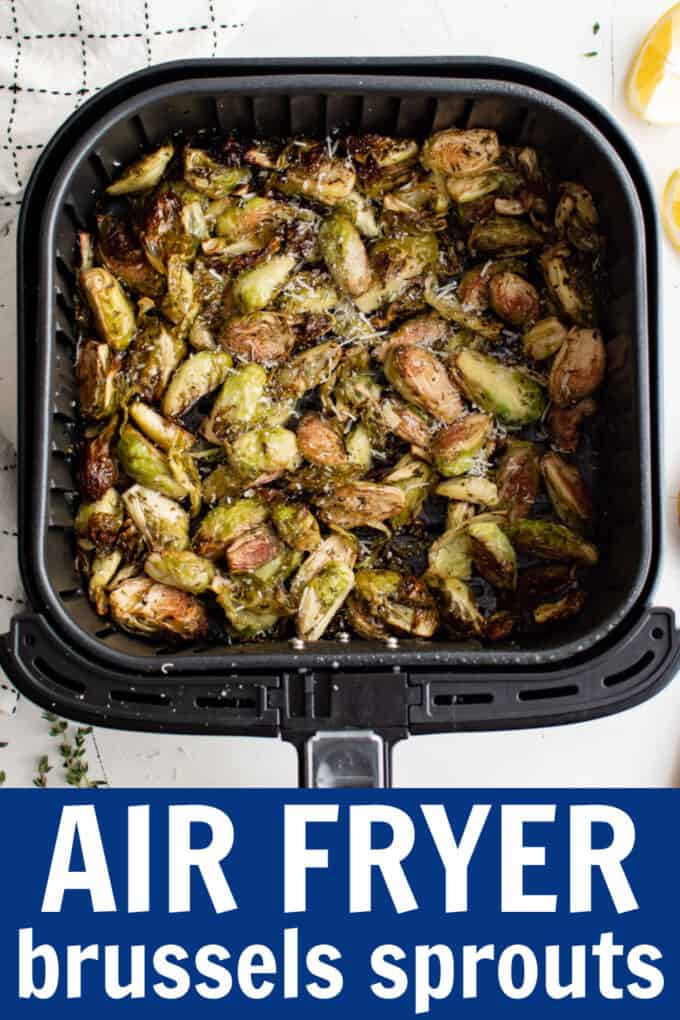 an air fryer basket full of Brussels sprouts.