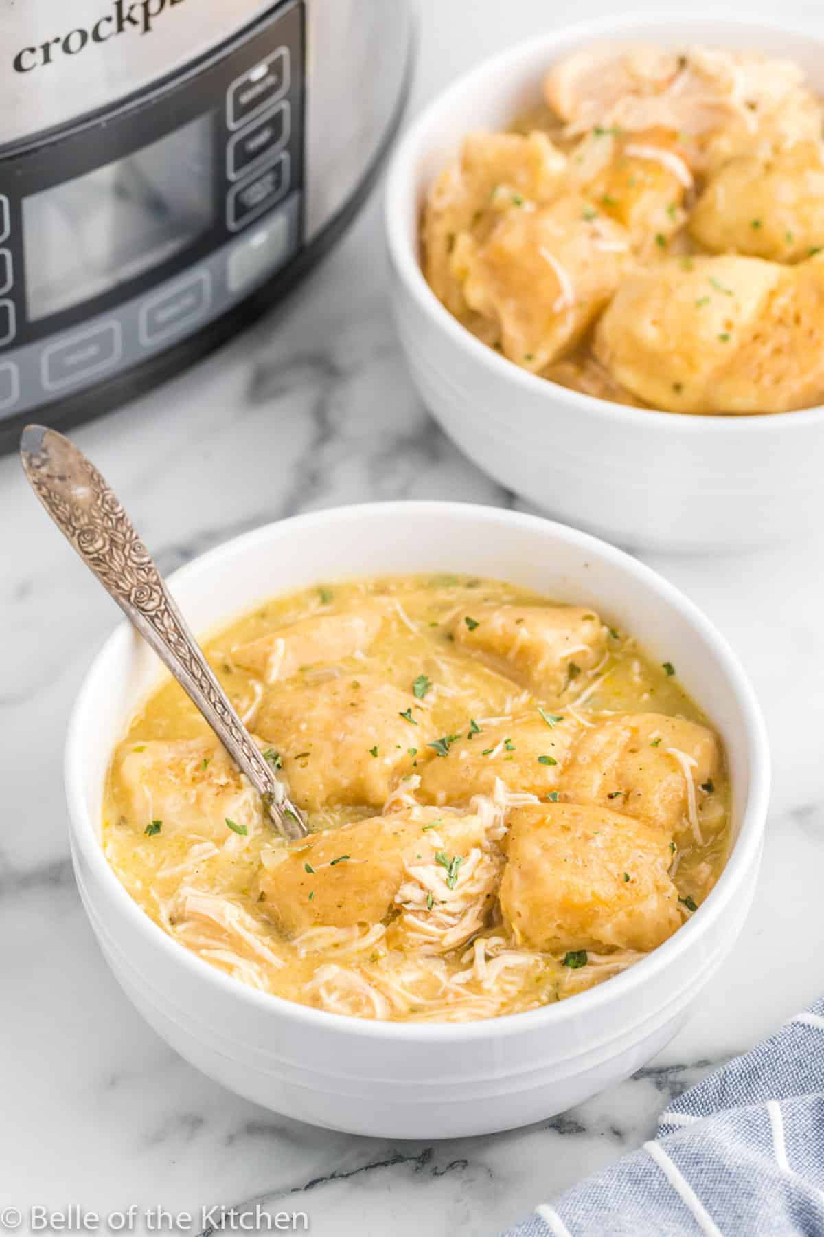 A bowl of chicken and dumplings.