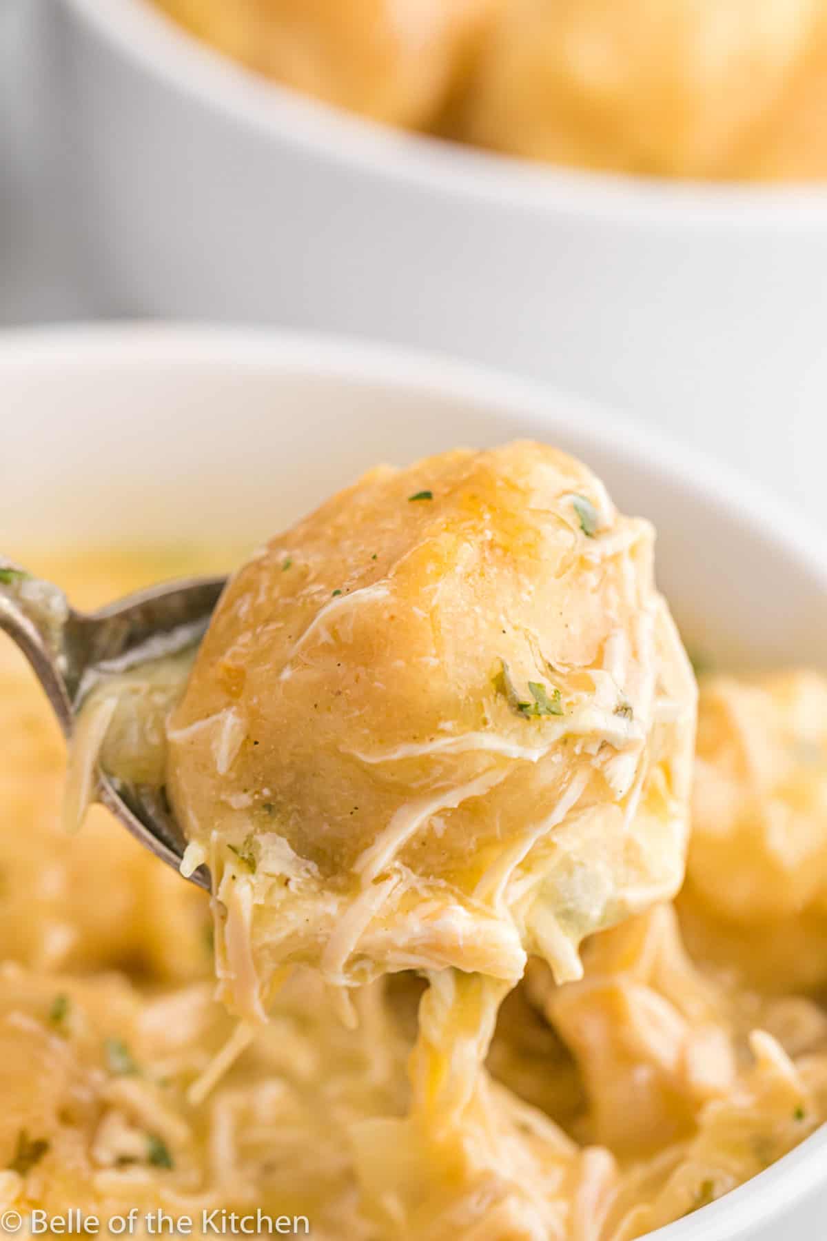 a spoon holding chicken and dumplings out of a bowl.