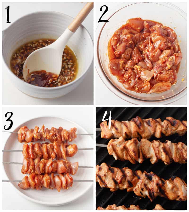 step by step for how to make grilled chicken skewers.