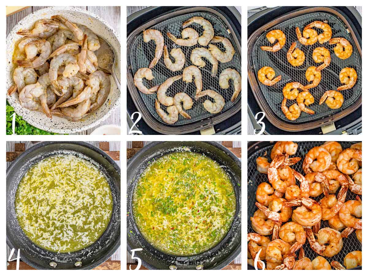 step by step photos for making shrimp in the air fryer with a garlic butter sauce.