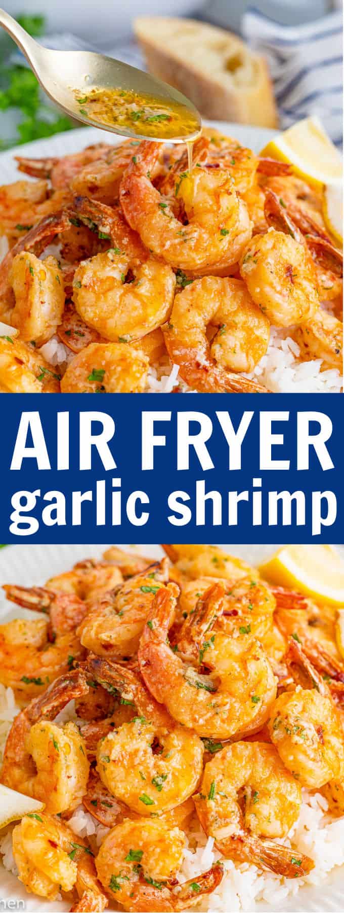 a spoon drizzling garlic butter over a plate of shrimp.