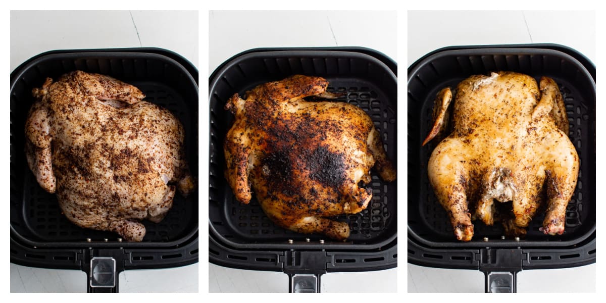step by step photos for making a whole chicken in the air fryer.