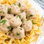 meatballs on top of noodles.