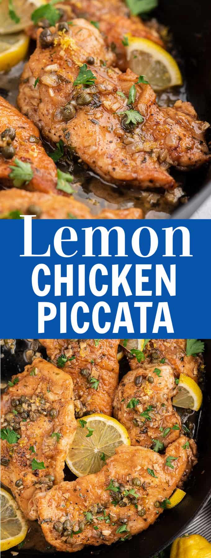 chicken piccata fillets in a black skillet surrounded by lemon slices.
