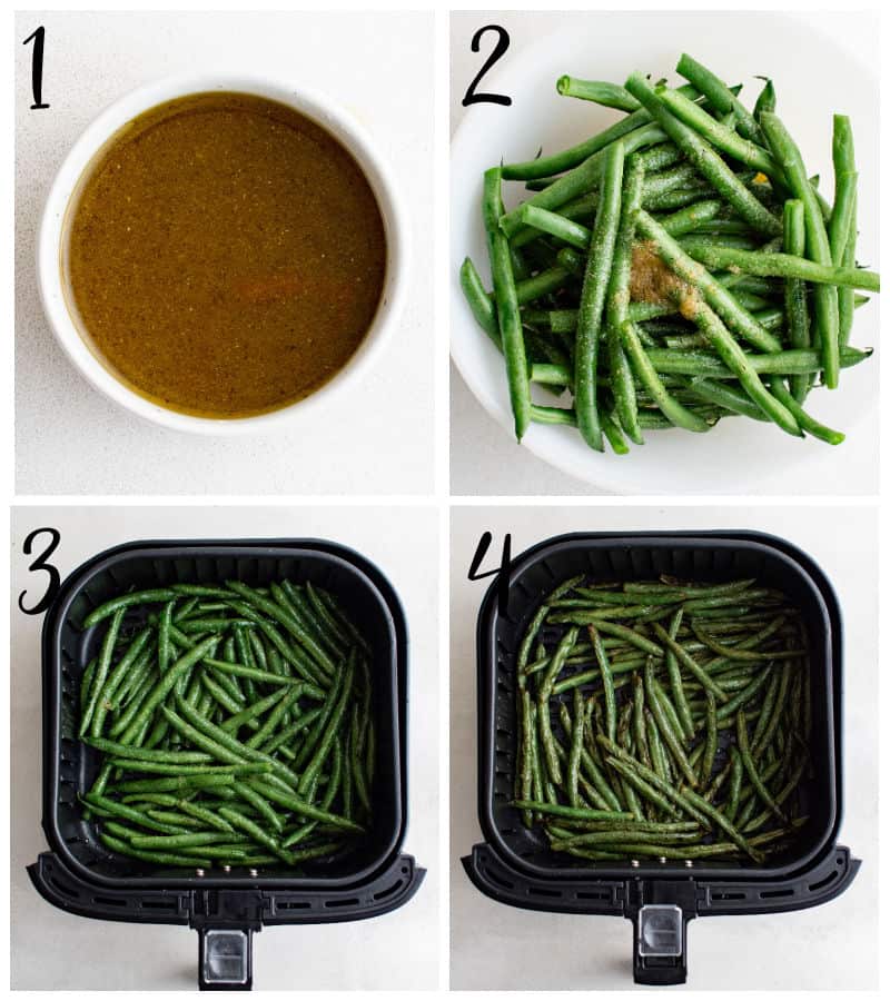 step by step photo collage for how to make green beans in the air fryer.