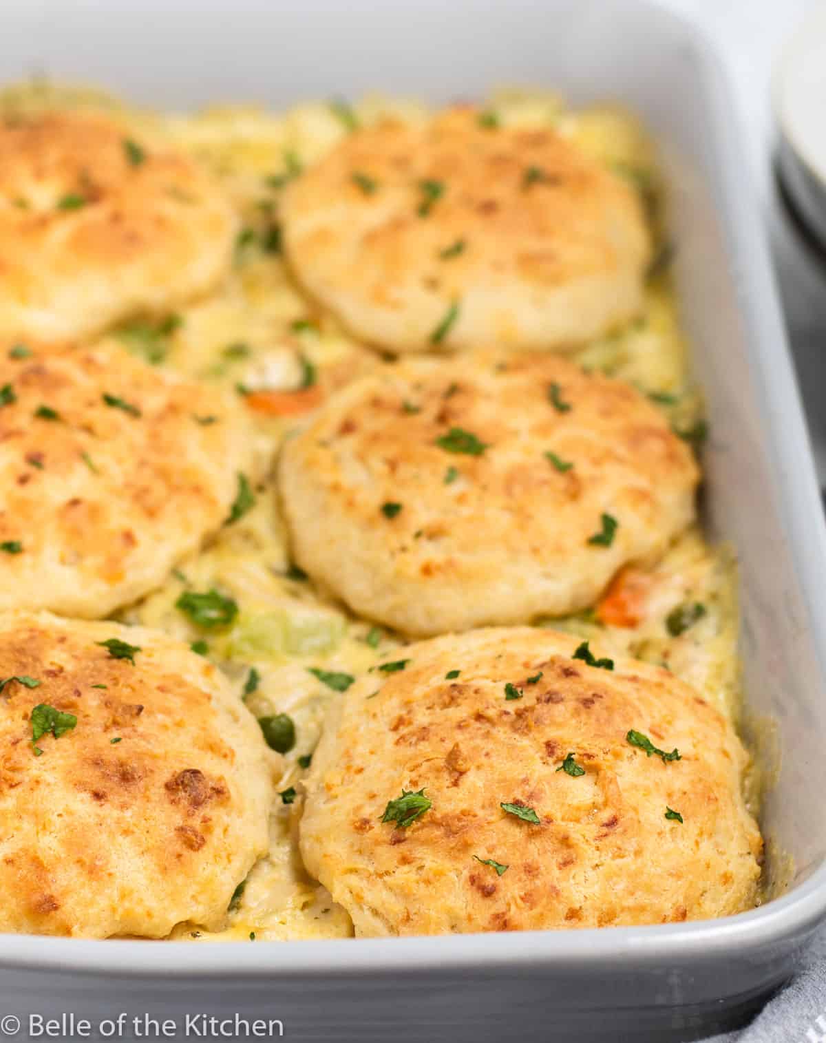 a baking dish full of chicken, vegetables, and biscuits.