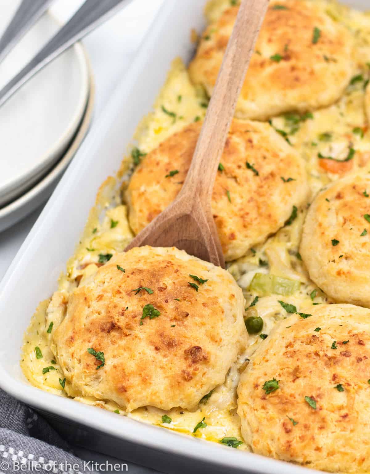 a baking dish of chicken and biscuits.