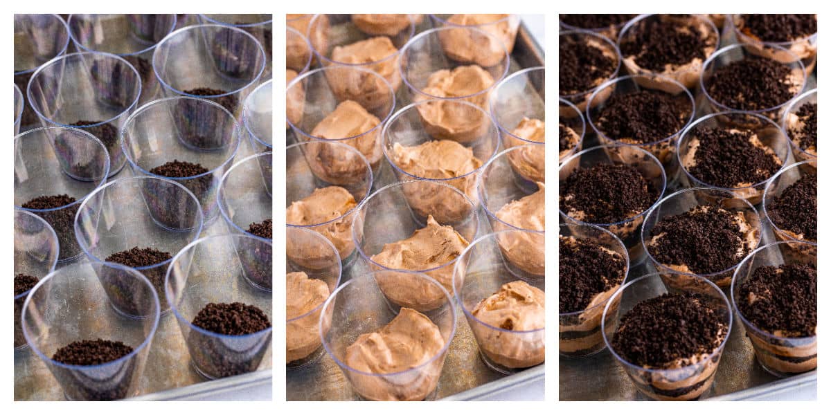 step by step photos for layering dirt pudding cups.