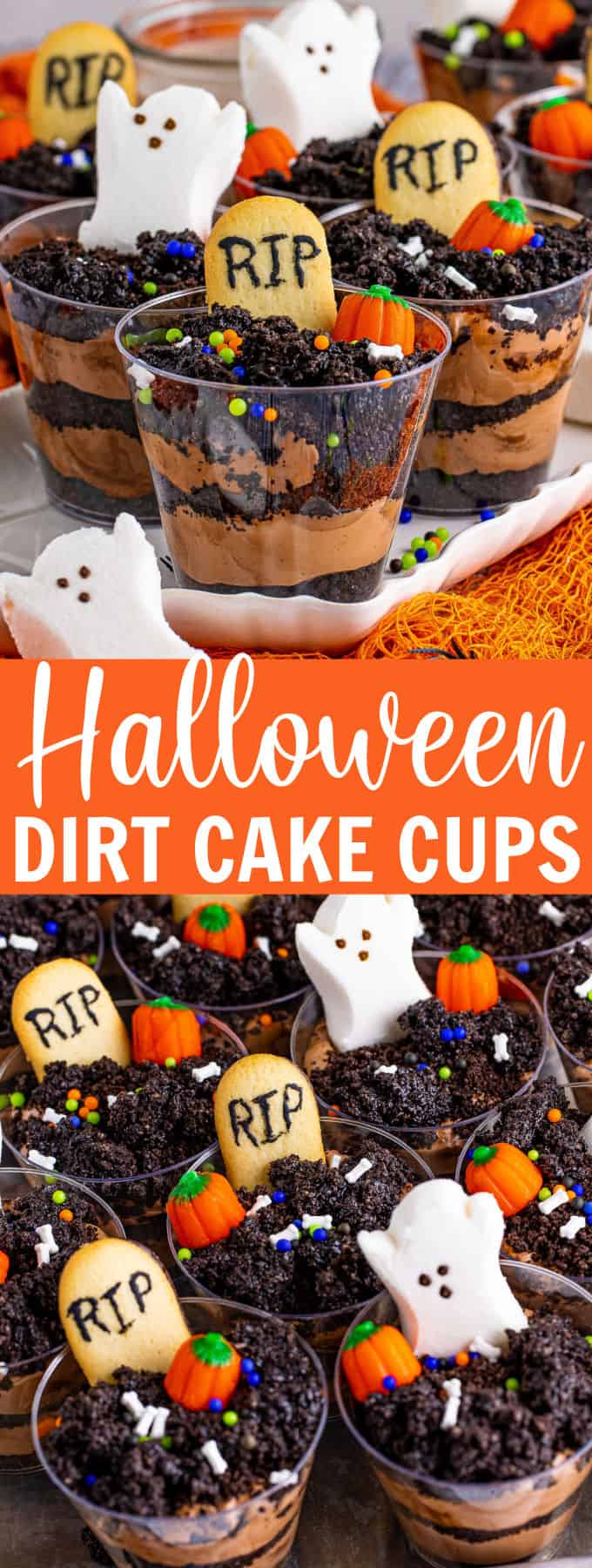 plastic cups full of crumbled Oreos, cookies, ghost marshmallows, and candy pumpkins.