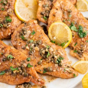 pieces of chicken piccata on a white plate with lemon slices.