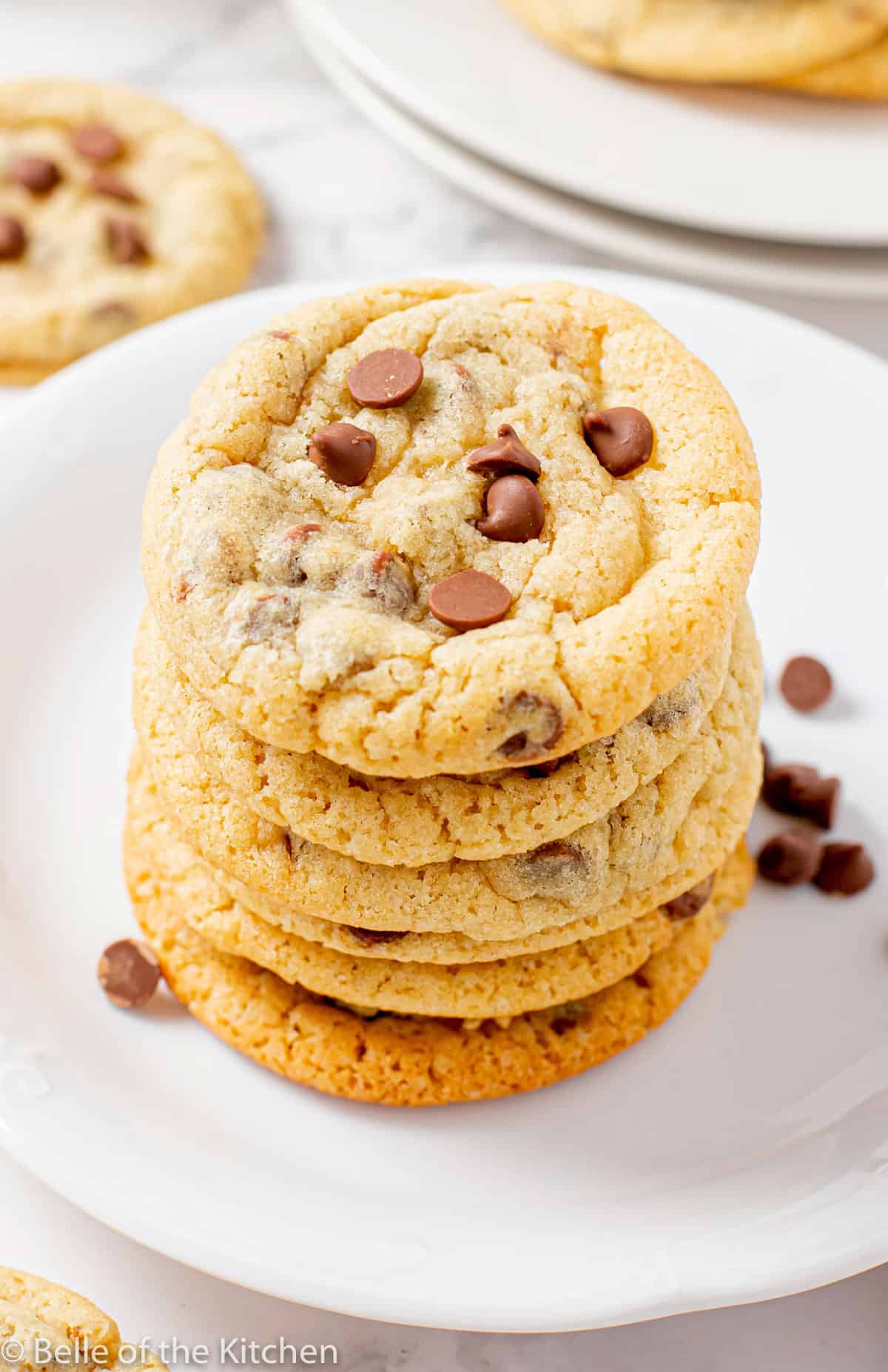 a stack of chocolate chip cookies on a white plate.