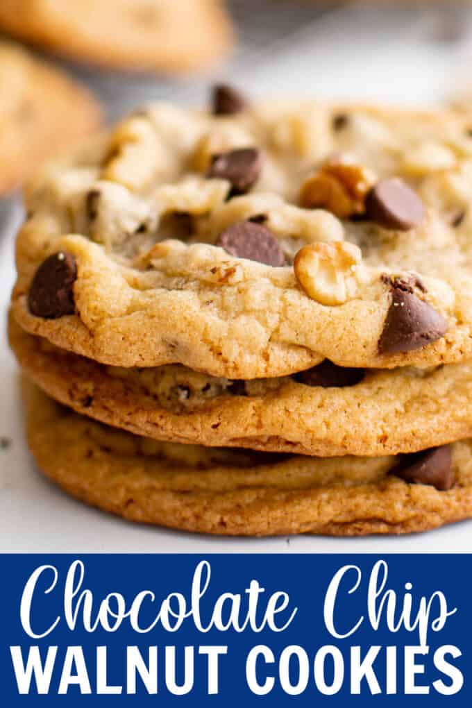 a stack of chocolate chip walnut cookies.