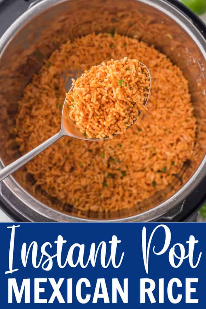 a spoon holding rice over an Instant Pot.