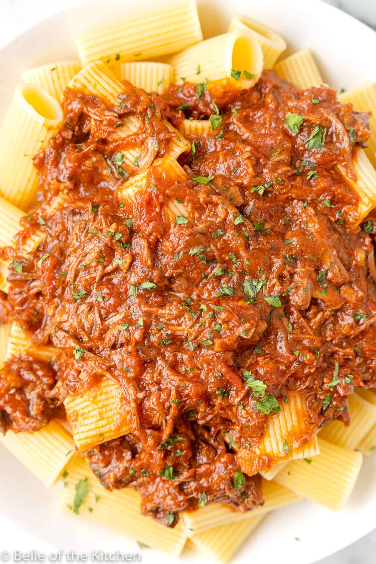 a plate of rigatoni with beef ragu on top.