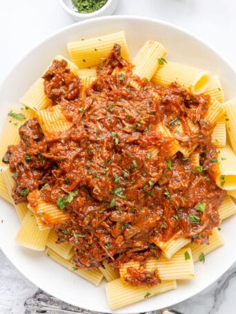 a plate of rigatoni with beef ragu on top.