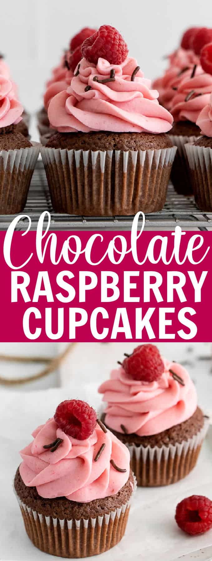 chocolate raspberry cupcakes on a wire rack.