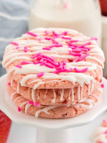 a stack of strawberry cake mix cookies.