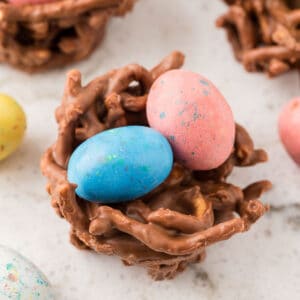 birds nest cookies with egg candies on top.
