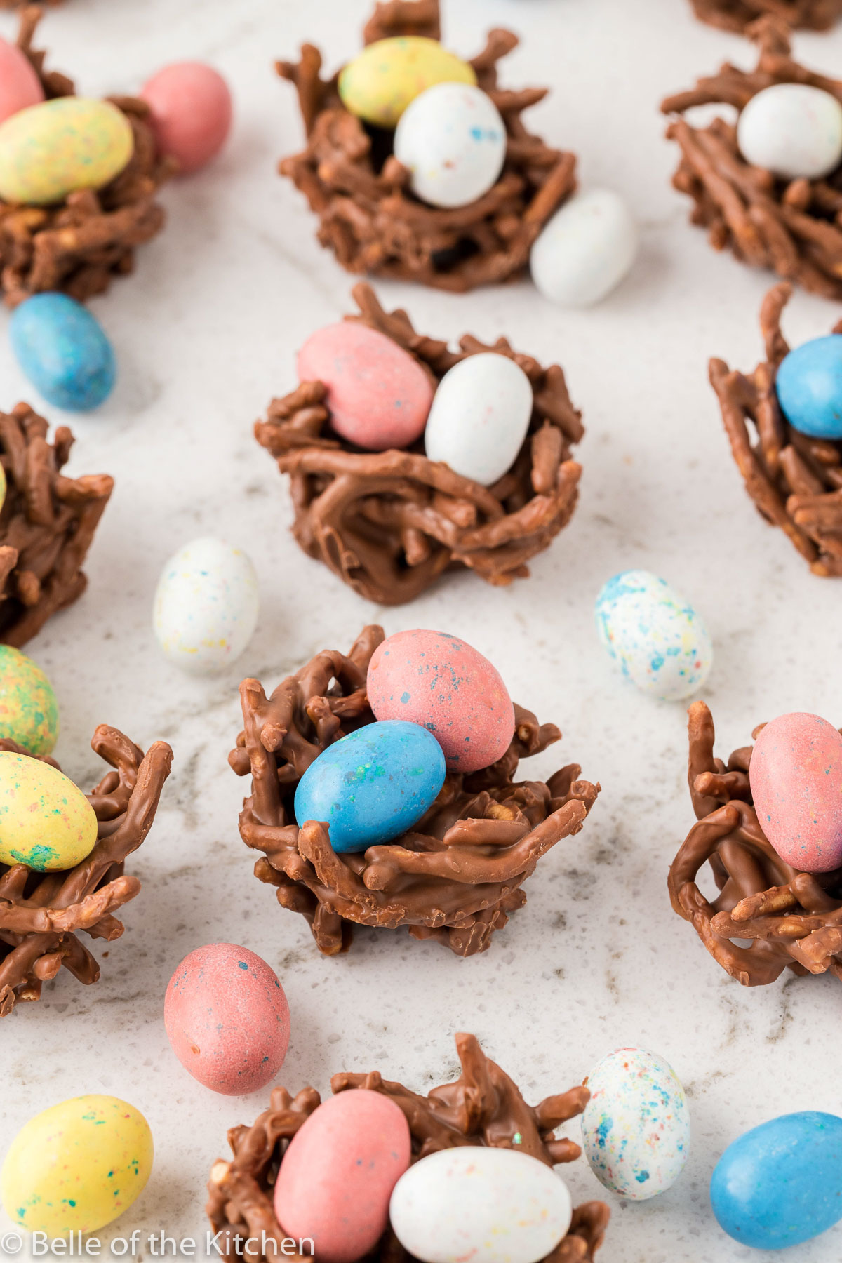 birds nest cookies with egg candies on top.