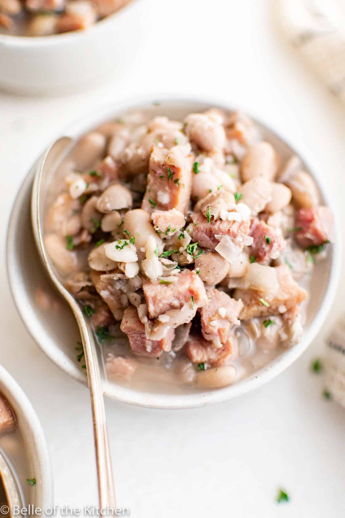 a white bowl with a spoon of ham and beans.
