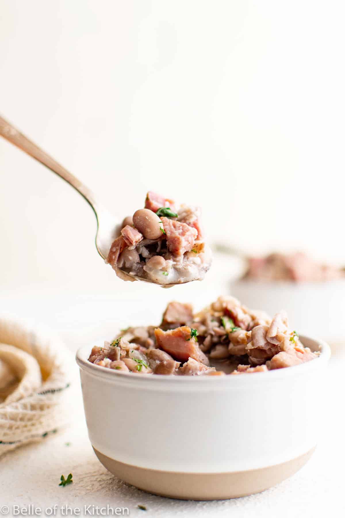 a spoon scooping up ham and beans.
