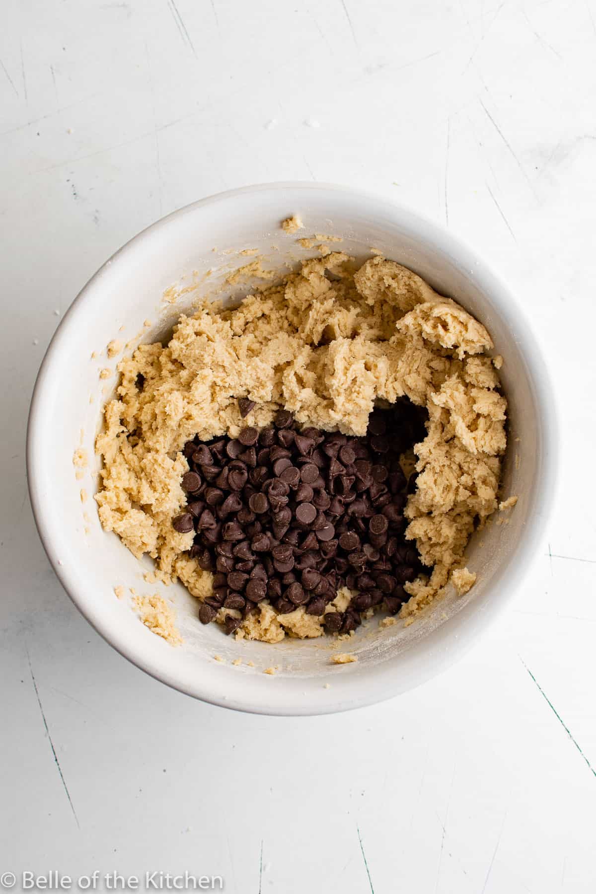 a bowl of chocolate chip cookie dough.