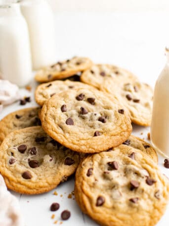 a large stack of chocolate chip cookies.