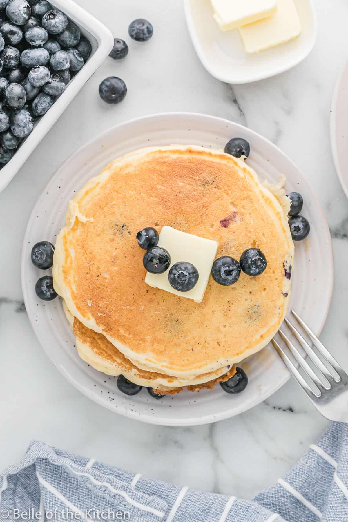 blueberry pancakes on a white plate.