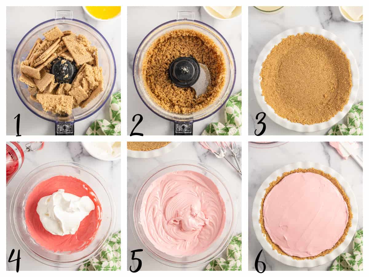 step by step photo collage for how to prepare a kool aid pie.