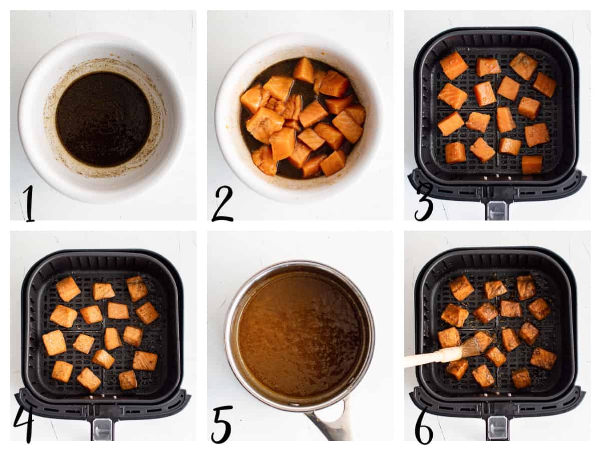 step by step photos showing how to prepare salmon bites in the air fryer.