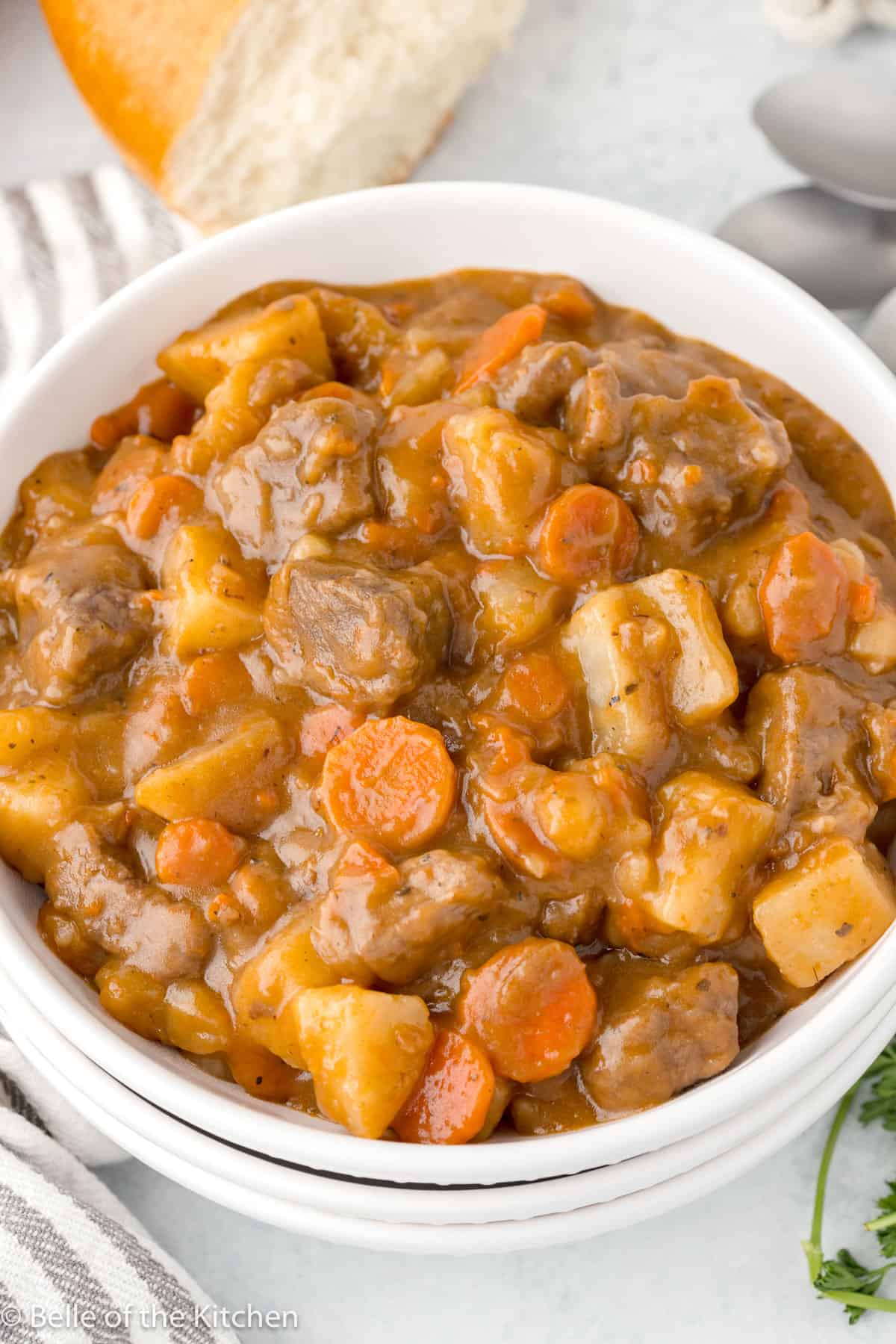 a white bowl filled with beef stew including carrots, beef, and gravy.