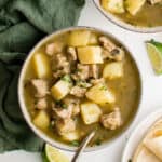 a bowl of soup with chunks of pork and potatoes with a spoon.