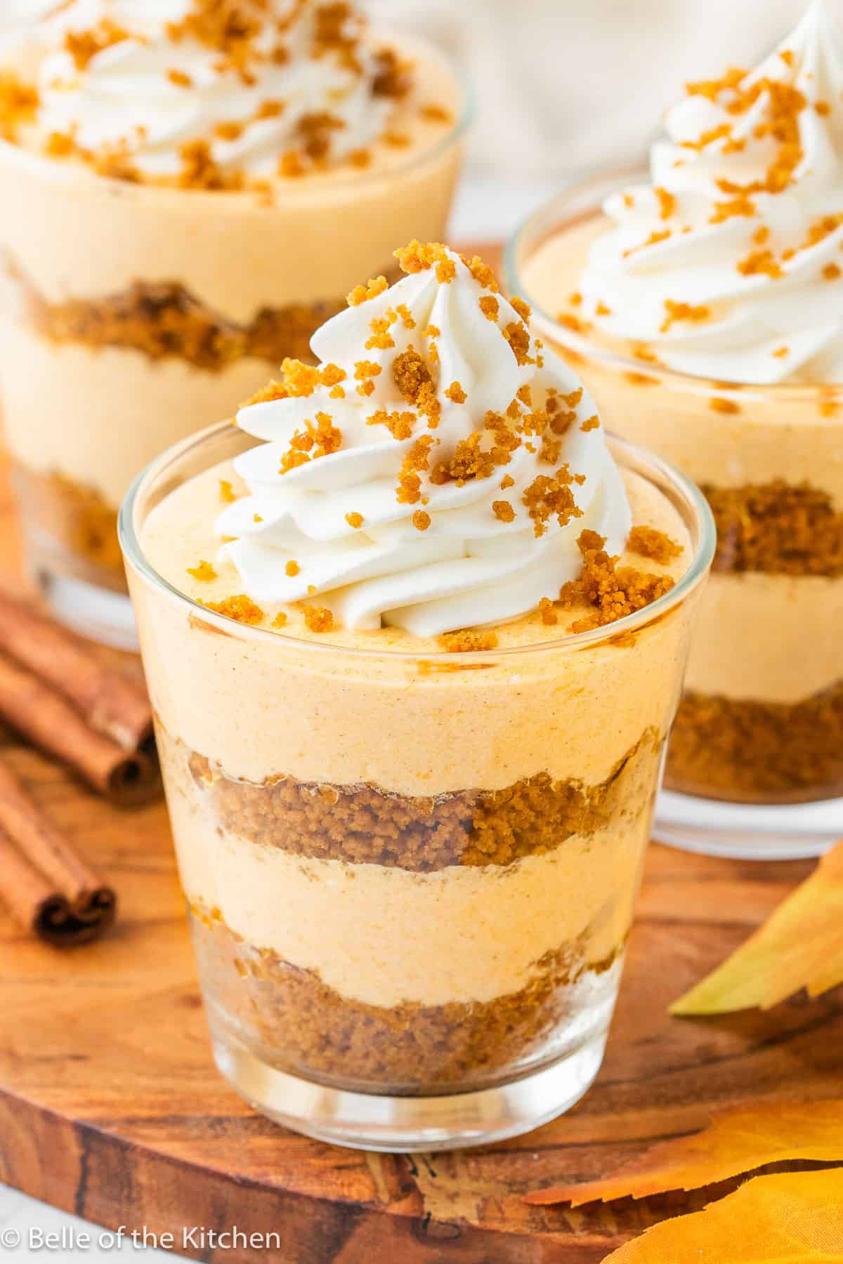 a glass cup filled with layers of cookie crumbs, pumpkin cheesecake, and whipped cream on top.