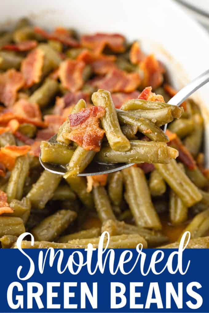 a spoon scooping up smothered green beans and bacon.
