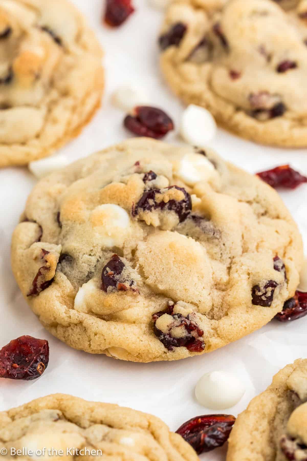 a close up of a cookie with cranberries and white chocolate chips.