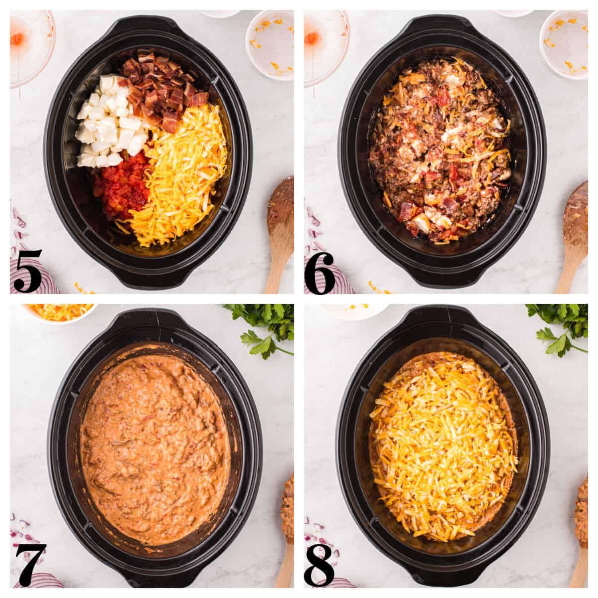 step by step photos for how to make cheeseburger dip in a crockpot.