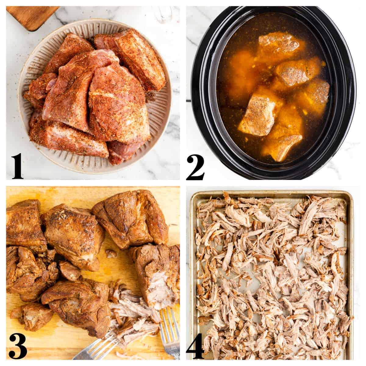 step by step photos showing how to make carnitas in a crockpot.