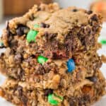 a stack of monster cookie bars.