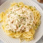 a plate of pasta topped with creamy chicken.