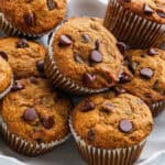 close up of a bowl of pumpkin chocolate chip muffins.