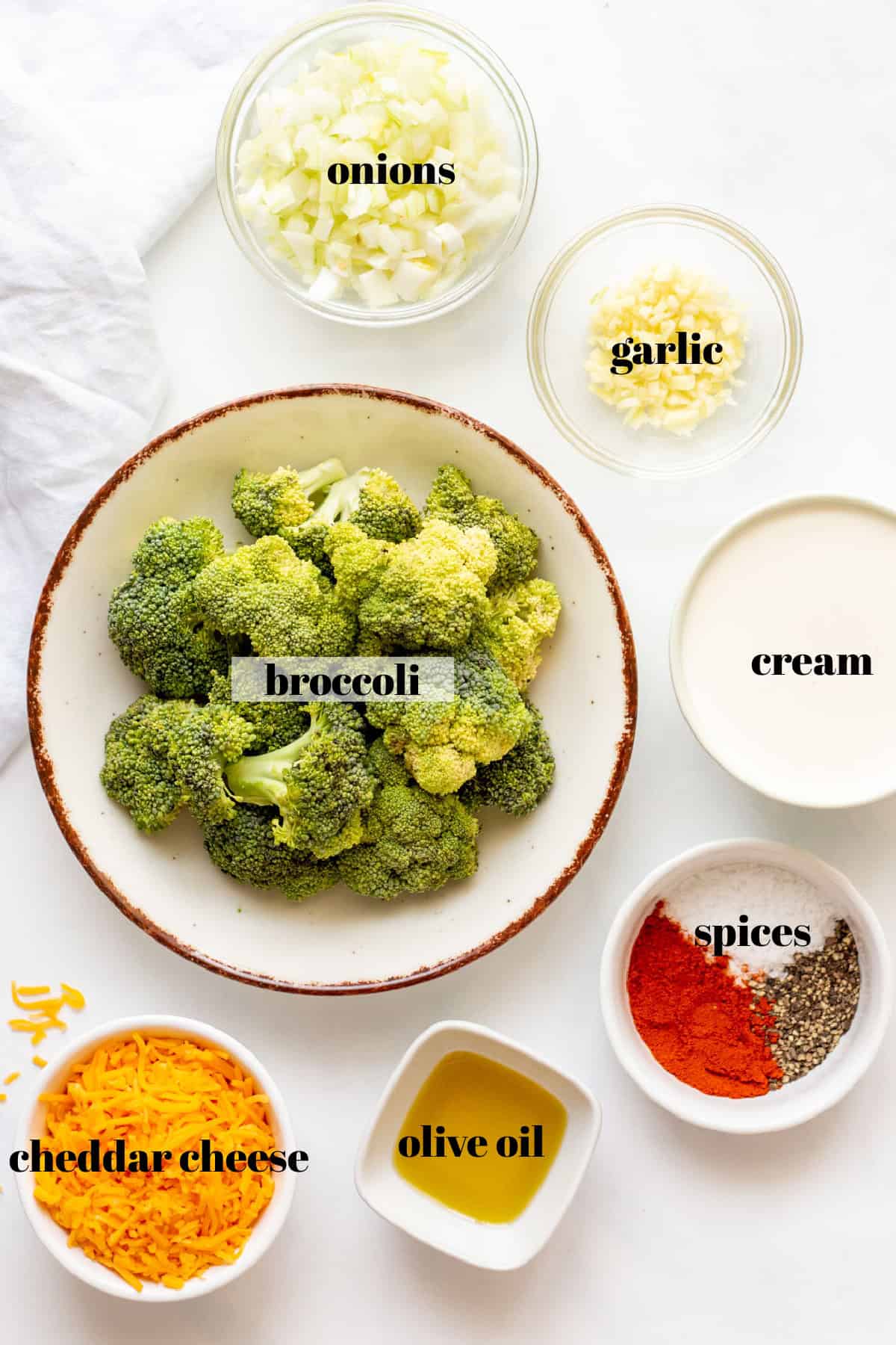 Ingredients in bowls on a counter top.